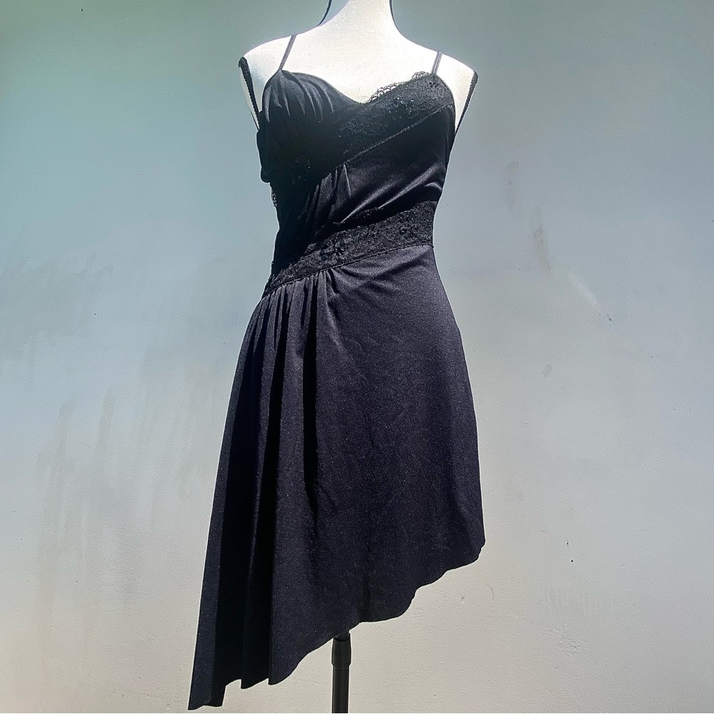 Y2K Black Asymmetrical Sequin Lace Goth Fairy Mini Dress Size Small